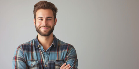 Smiling young man in a plaid shirt, standing against a light gray background, radiating a friendly demeanor