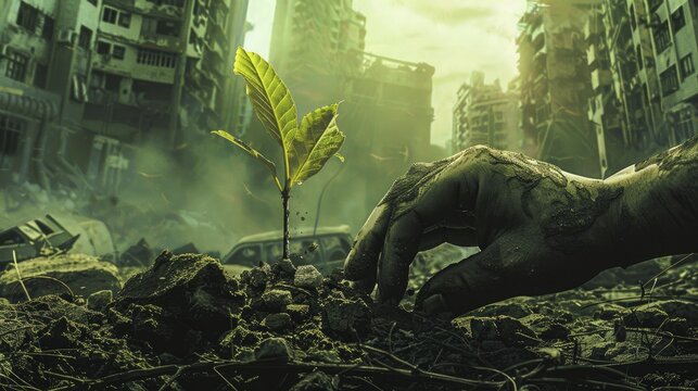 A digital graphic of a hand planting a seedling in urban ruins, symbolizing regrowth and hope for the future.