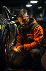 Mechanic is changing car wheel in workshop.