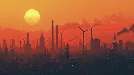 Fototapeta premium Digital art contrasts renewable energy with polluted industries in a minimalist style graphic.
