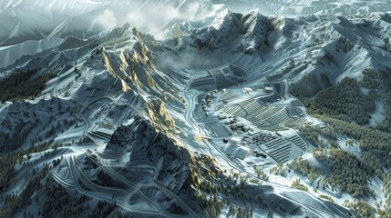 A digital graphic of a mountain region with avalanche protection structures to safeguard communities.