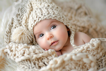 Fototapeta na wymiar Cherubic Newborn in Cozy Knit Hat and Blanket with a Soft, Peaceful Gaze.