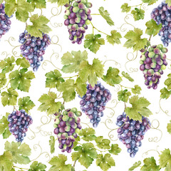 A bunch of red grapes, vines with leaves. Watercolor seamless pattern on a white background. For fabric, packaging paper, scrapbooking, product packaging design