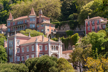 Typical houses in Sintra on the hills near Lisbon in Portugal in a wooded area.