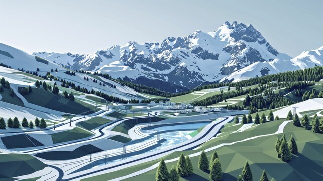 A digital graphic depicts a mountain region with avalanche protection structures ensuring community safety.