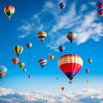 Colorful hot air balloons against a clear blue sky