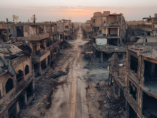 Obraz premium war-torn landscape, with shattered buildings and barren streets, illustrating the desolation and despair left in the wake of conflict.