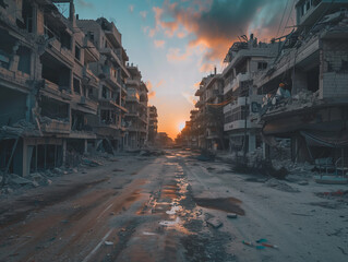 war-torn landscape, with shattered buildings and barren streets, illustrating the desolation and despair left in the wake of conflict.