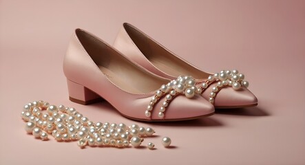 Pink shoes with pearls on pastel background with copy space for text