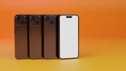 Realistic smartphone mockups isolated on yellow orange gradient background. Screens of mobile phone on colourful backdrop with copy space for your design, 3D rendering