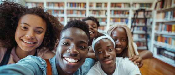 Friends beam with joy in a selfie at the library, surrounded by knowledge and camaraderie.