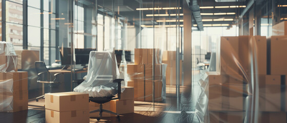 Reflection of sunlight bathes an office during a move, hinting at new beginnings in empty space.