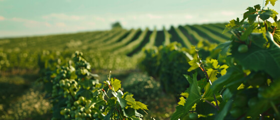 Lush vineyard rows under a clear sky, evoking the rich tradition of winemaking. - obrazy, fototapety, plakaty