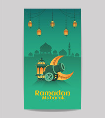 Ramadan mubarak islamic social media story vector editable template design with arabic lantern, crescent, cannon gun, and silhouette of mosque