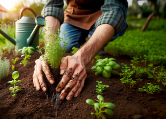 Ein Mann mit kariertem Hend pflanzt eine kleine Pflanze ins Gartenbett ein