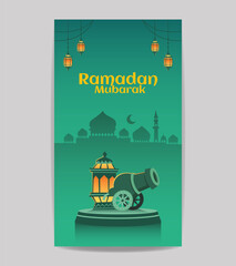 Ramadan mubarak islamic social media story vector editable template design with arabic lantern, cannon gun, on the podium