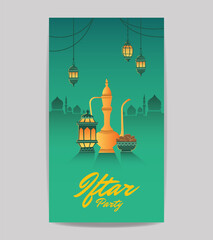 Ramadan iftar party islamic social media story vector editable template design with arabic teapot, a bowl full of dates fruit, and arabic lantern