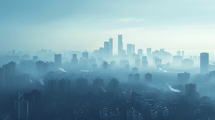 A digital image showing an urban skyline with smog depicts air quality problems in cities.