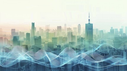 A digital image shows an urban skyline with sound waves illustrating noise pollution in the cityscape. - obrazy, fototapety, plakaty