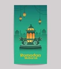 Ramadan mubarak islamic social media story vector editable template design with arabic lantern, cannon gun, on the podium