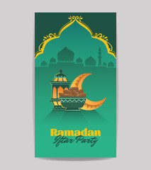 Ramadan iftar party islamic social media story vector editable template design with arabic lantern, a bowl full of dates fruit, crescent, and silhouette of mosque