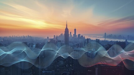 A digital image of a cityscape with sound waves shows noise pollution in an urban environment.
