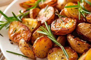 Golden baked potatoes on a white plate with rosemary.