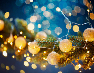 holiday gold yellow decoration concept with golden light christmas garland bokeh lights in dark blue background