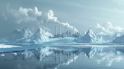 A digital depiction showing melting glaciers with industrial smokestacks in the background, illustrating climate change.