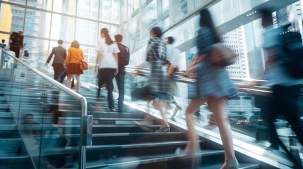 A group of people are walking up a set of stairs in a busy city, blur motion