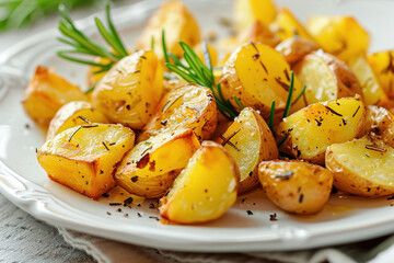 Roasted or baked potatoes with rosemary in a white bowl on wooden background