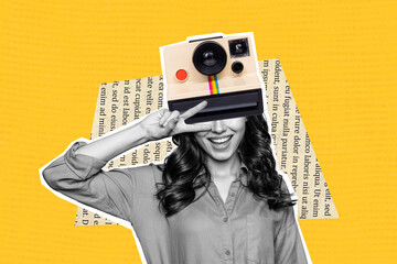 Sketch image artwork 3D photo collage of surreal picture young woman faceless instead instantly shoot polariod photo camera peace sign - obrazy, fototapety, plakaty