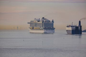 German mega club cruiseship cruise ship liner Prima departure from Zeebruges, Belgium during...