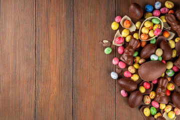 Chocolate bunny and Easter eggs background