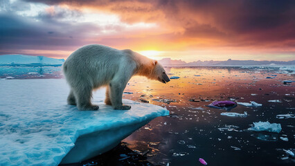 Thin hungry polar bear looking for food in an ocean filled with plastic pollution