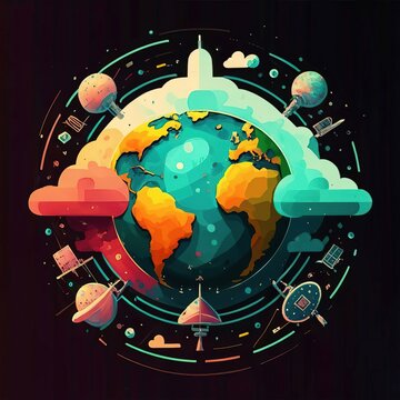 hires image cartoon colorful earth logo , painting style , cloud