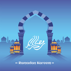 Ramadan islamic greeting card decorative editable vector background with arabic door, lantern, silhouette of mosque, arabic calligraphy text translation: "Ramadan Kareem means Generous Ramadan".