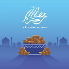 Ramadan islamic greeting card decorative editable vector background with bowl full of dates fruit, arabic calligraphy text translation: "Ramadan Kareem means Generous Ramadan".