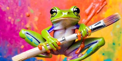 Tree frog holding onto a paintbrush on a colorful paint background