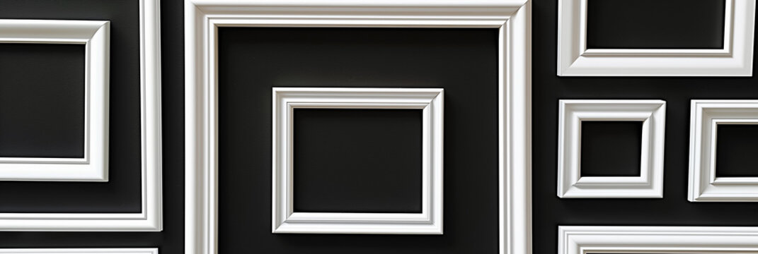 Assorted White Picture Frames on a Black Wall Background