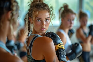 Determined young woman with boxing gloves in a gym with other boxers