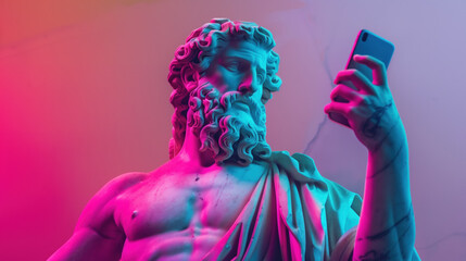Neon-Lit Greek God Statue with a Smartphone. Modern Meets Mythology. - obrazy, fototapety, plakaty