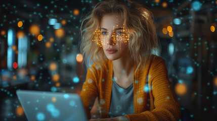 Beautiful Short Haired Project Manager Working on Computer in Office. Augmented Reality Social Media Icons Appear From Worker's Laptop. Internet of Things, Connectivity and Online Concept