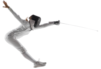 Dynamic portrait of swordswoman in mid-air, focus on determined attack against transparent background. Spirit of dedication and victory. Concept of professional sport, active lifestyle, strength.