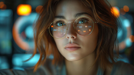 Beautiful Short Haired Project Manager Working on Computer in Office. Augmented Reality Social Media Icons Appear From Worker's Laptop. Internet of Things, Connectivity and Online Concept