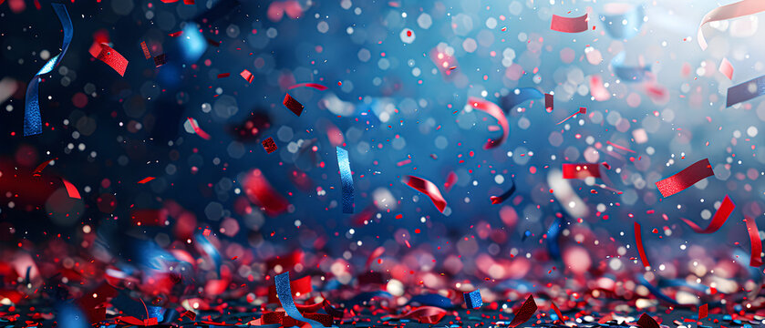 Background with dynamic red, white and blue confetti. Presidential election concept. Banner