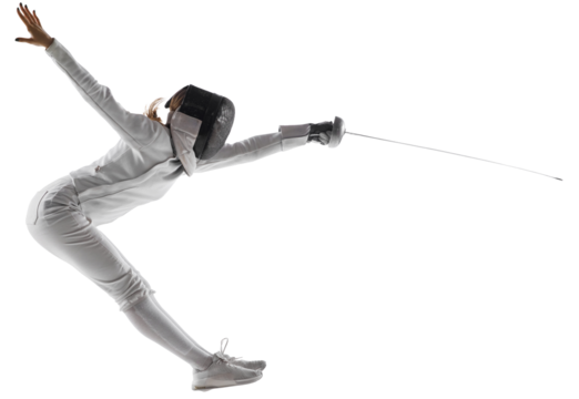 Dynamic portrait of swordswoman in mid-air, focus on determined attack against transparent background. Spirit of dedication and victory. Concept of professional sport, active lifestyle, strength.