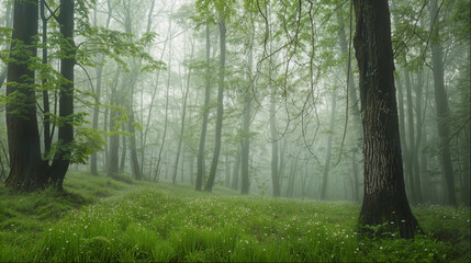 Misty Spring Forest with Lush Green Foliage