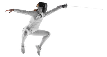 Dynamic mid-air snapshot of swift motion of female fencer's blade, dynamic lines and angles of her...
