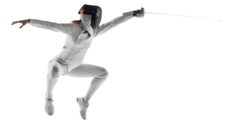 Dynamic mid-air snapshot of swift motion of female fencer's blade, dynamic lines and angles of her body during fight. Transparent background. Concept of professional sport, fitness, motion, strength.